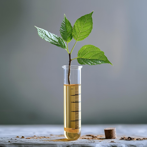 A small plant with green leaves growing in a test tube filled with yellow liquid, placed on a surface with some soil and a cork nearby.
