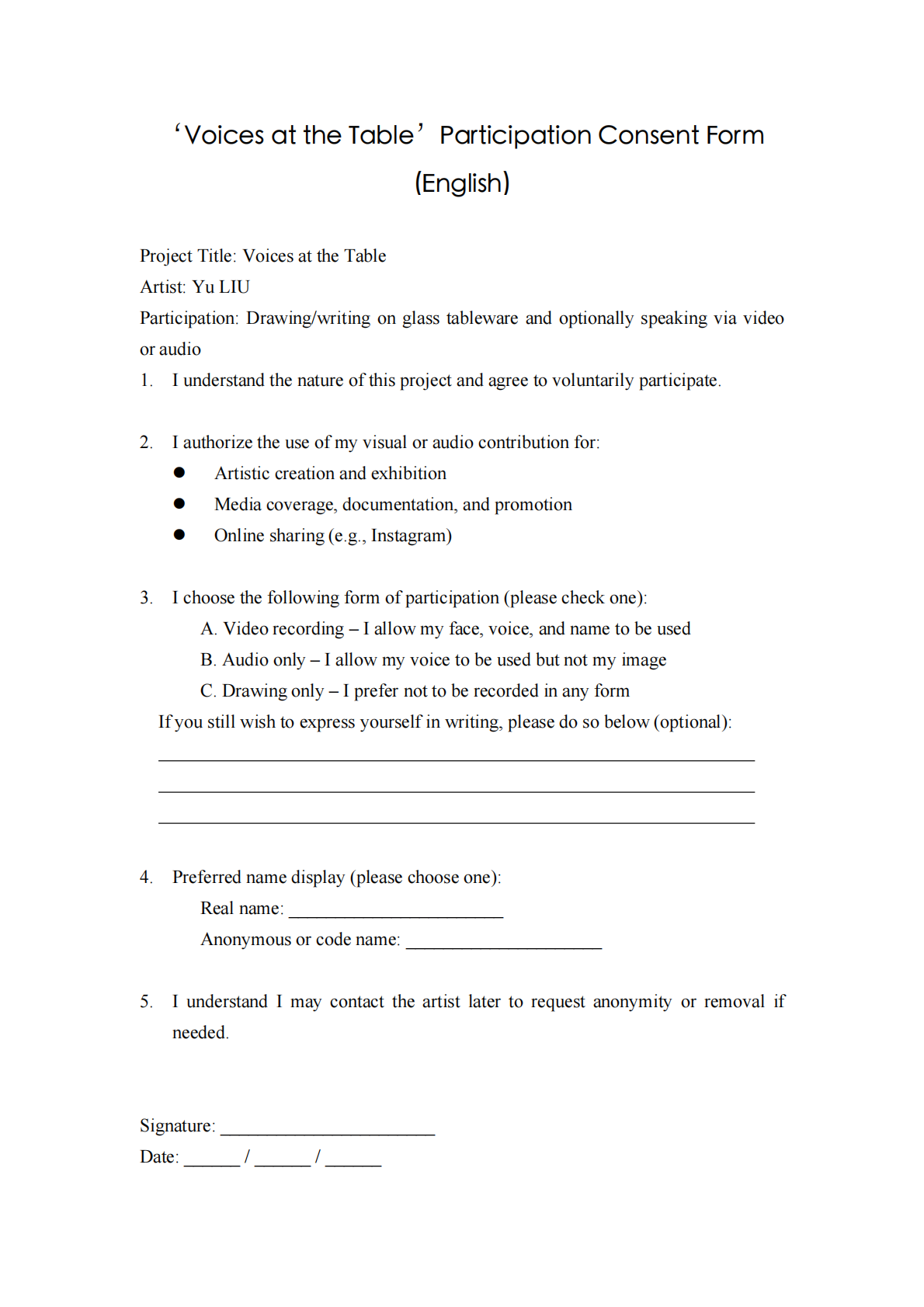Participation consent form for 'Voices at the Table' project, artist Yu Liu, with options for drawing, speaking, or audio contributions, including personal information fields.