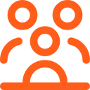 Simplistic orange icon of a person with three smaller circles around the head, representing a network or group.