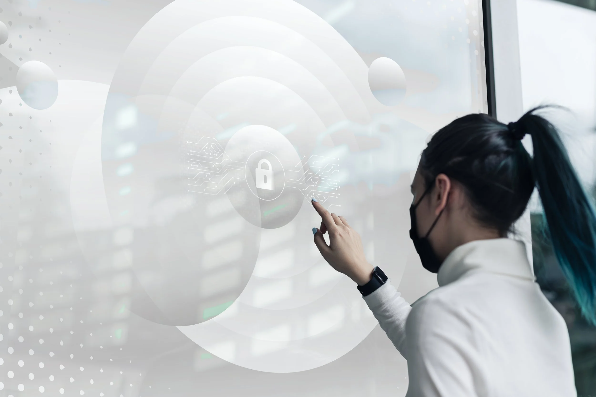 Woman in face mask interacting with a digital lock icon on a touchscreen in a high-tech environment.