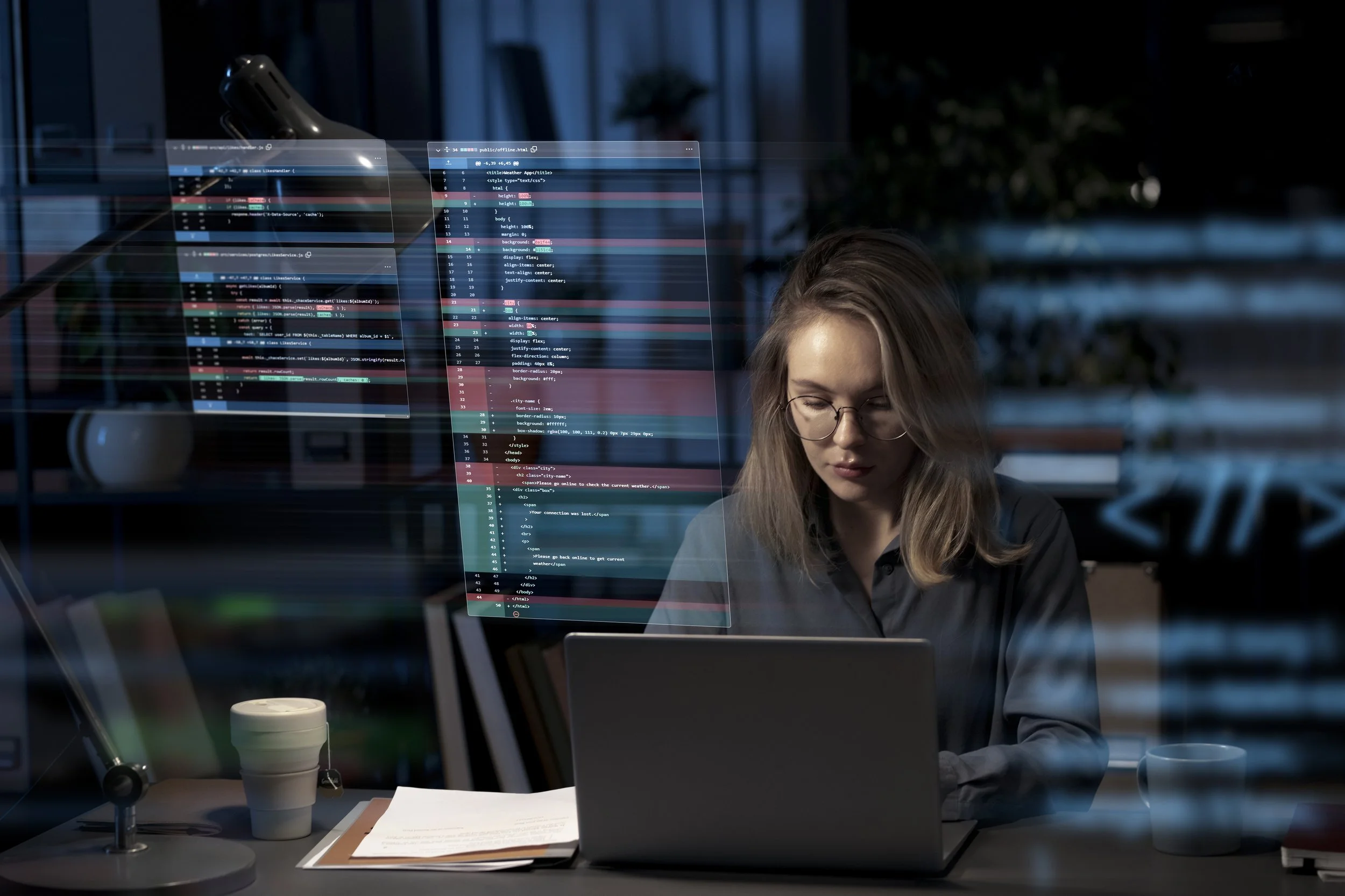 A woman with glasses working on a laptop in a dark room, with multiple screens displaying code and data overlays, surrounded by office supplies and a window in the background.