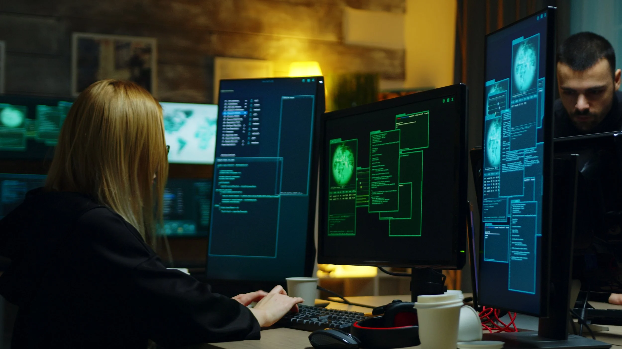 A woman working with multiple computer monitors displaying hacker or cybersecurity related screens in a dimly lit room.