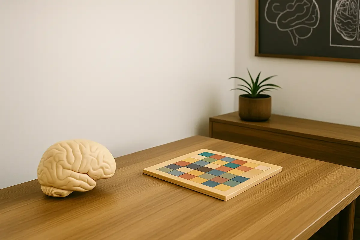 Neuropsychological assessment tools on a desk in a private psychology clinic in Helsinki