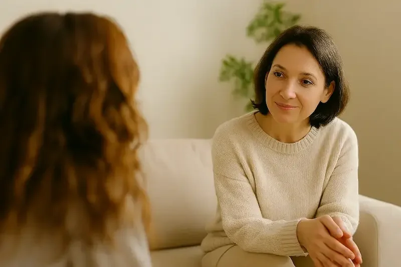 Psychologist listening to a client during a therapy session in a private practice in Helsinki