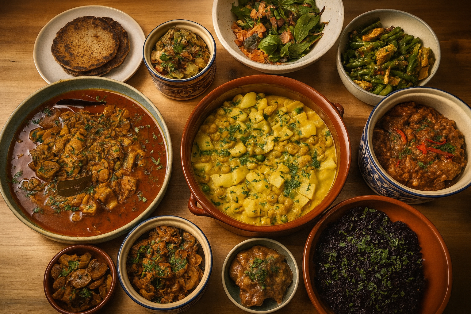 Indian dishes with various curries, vegetable dishes, rice, and bread on a wooden table.