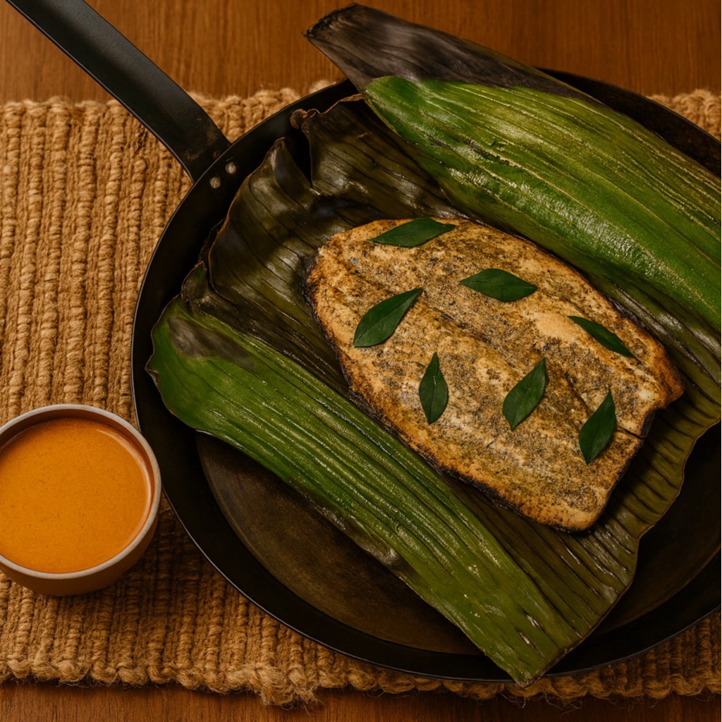 Grilled fish fillet placed on banana leaves with a small bowl of orange sauce on the side.