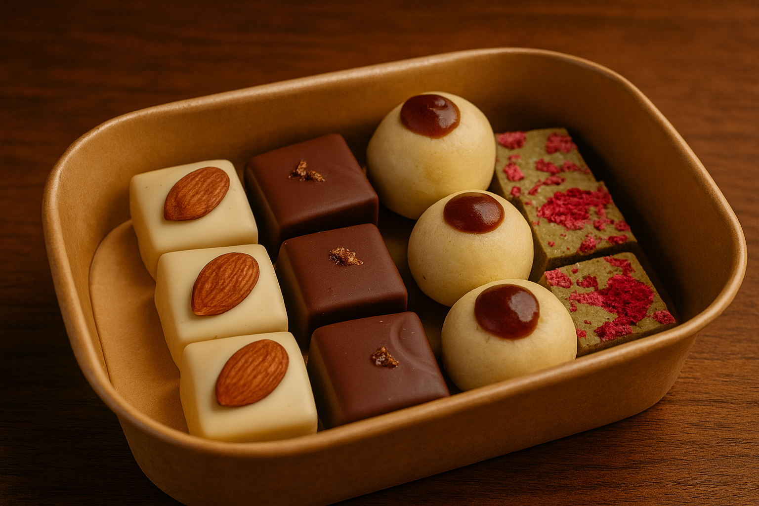 Assorted chocolates in a wooden bowl including white chocolates topped with almonds, square dark chocolates, round white chocolates with caramel topping, and rectangular chocolates with pink topping.