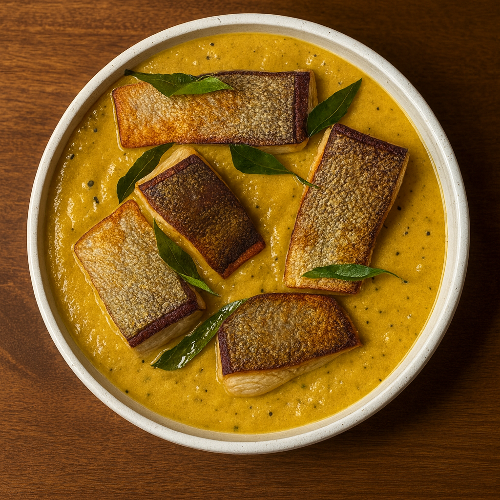 A bowl of curry with pieces of fish and bay leaves.