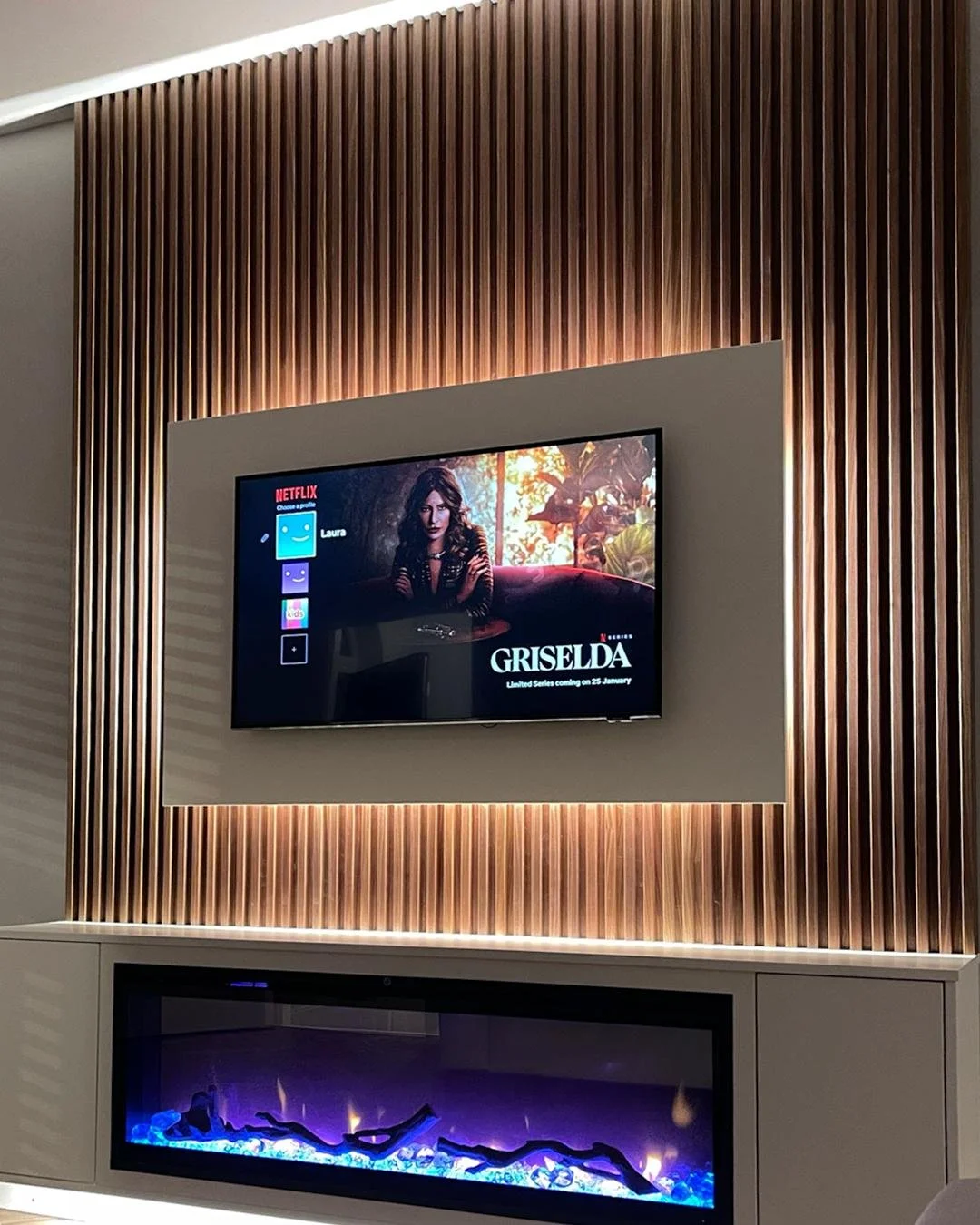 This media wall brings a cosy warmth to the room, with soft lighting and a sleek fire that naturally draws everyone in. Whether it&rsquo;s catching up on a series, settling in for a film, or enjoying a quiet moment once the day winds down, it turns t