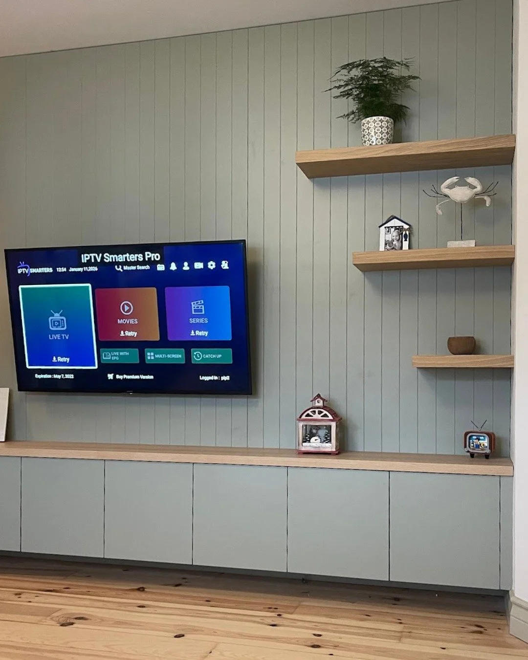 A calm, considered den designed to move easily between work and downtime. Finished in Farrow &amp; Ball&rsquo;s &lsquo;French Grey&rsquo;, the tongue-and-groove panelling creates a soft backdrop for floating storage that keeps the room open and invit