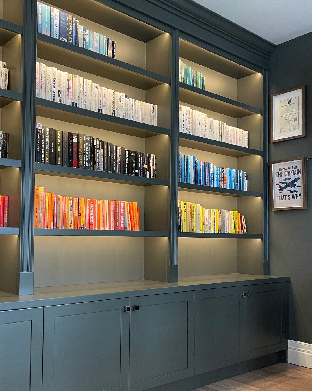 Most days begin with a list to get through and end with our client sitting with a book to switch off, and this home office adjusting easily between the two moods. Open shelving keeps books within reach, with soft lighting bringing a warmer tone as th