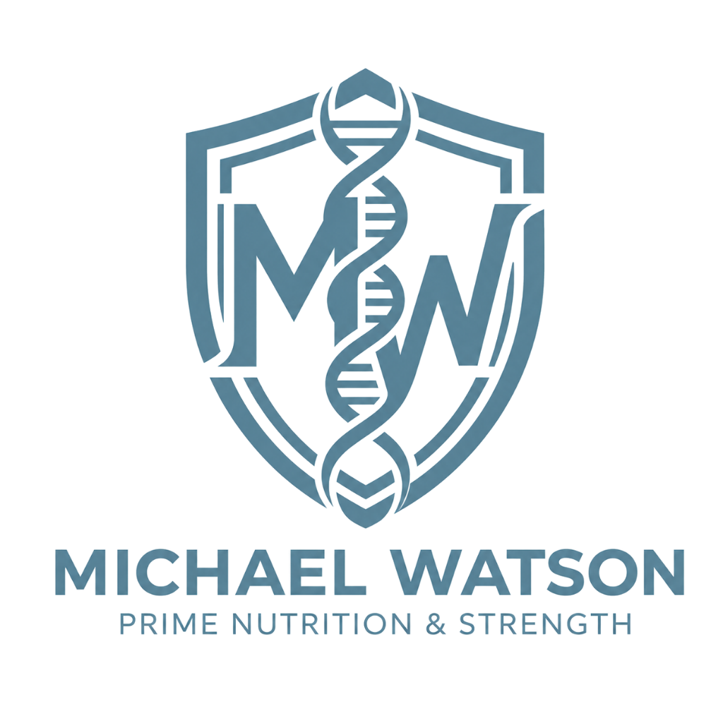 Logo with a DNA strand forming a shield, with the letters M and N inside the shield. Below, it says 'Michael Watson' and underneath that, 'Prime Nutrition & Strength'.