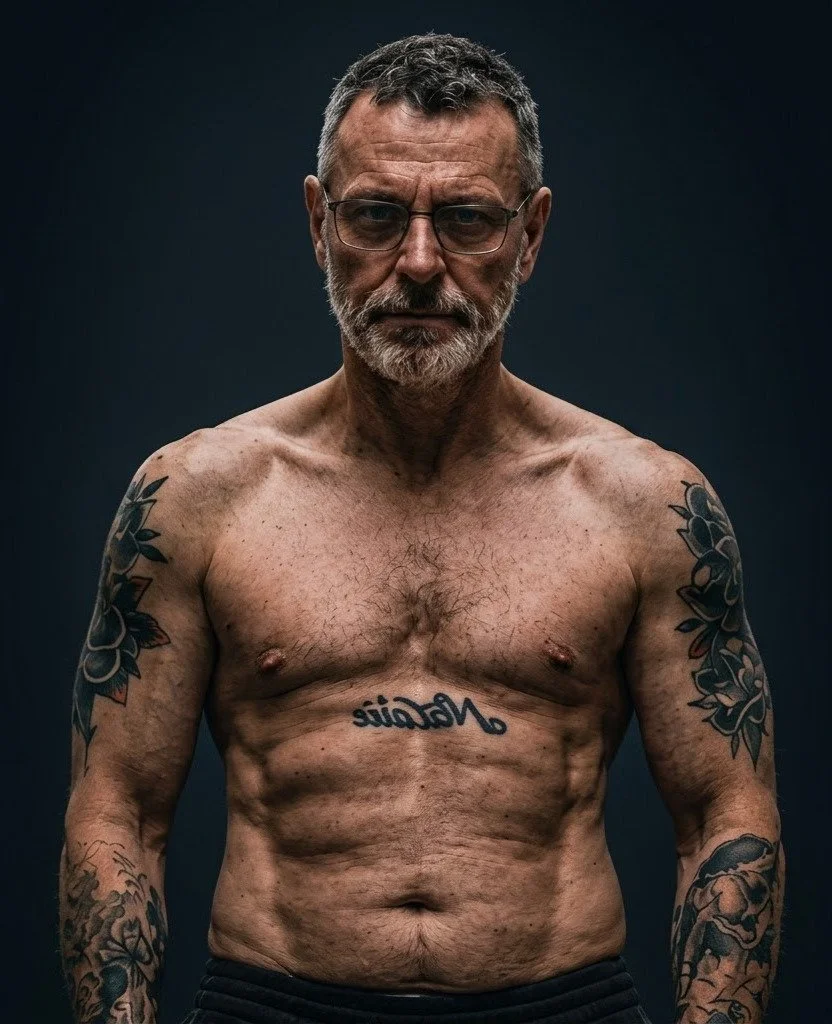 A shirtless older man with glasses and tattoos on both arms, a trimmed beard, and short gray hair, standing against a dark background.