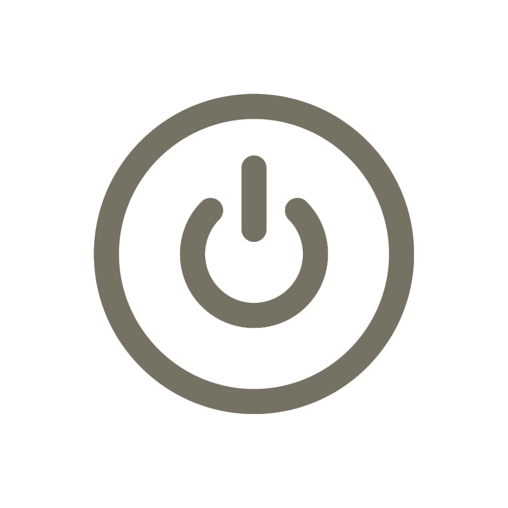 Gray power button icon on a white background.