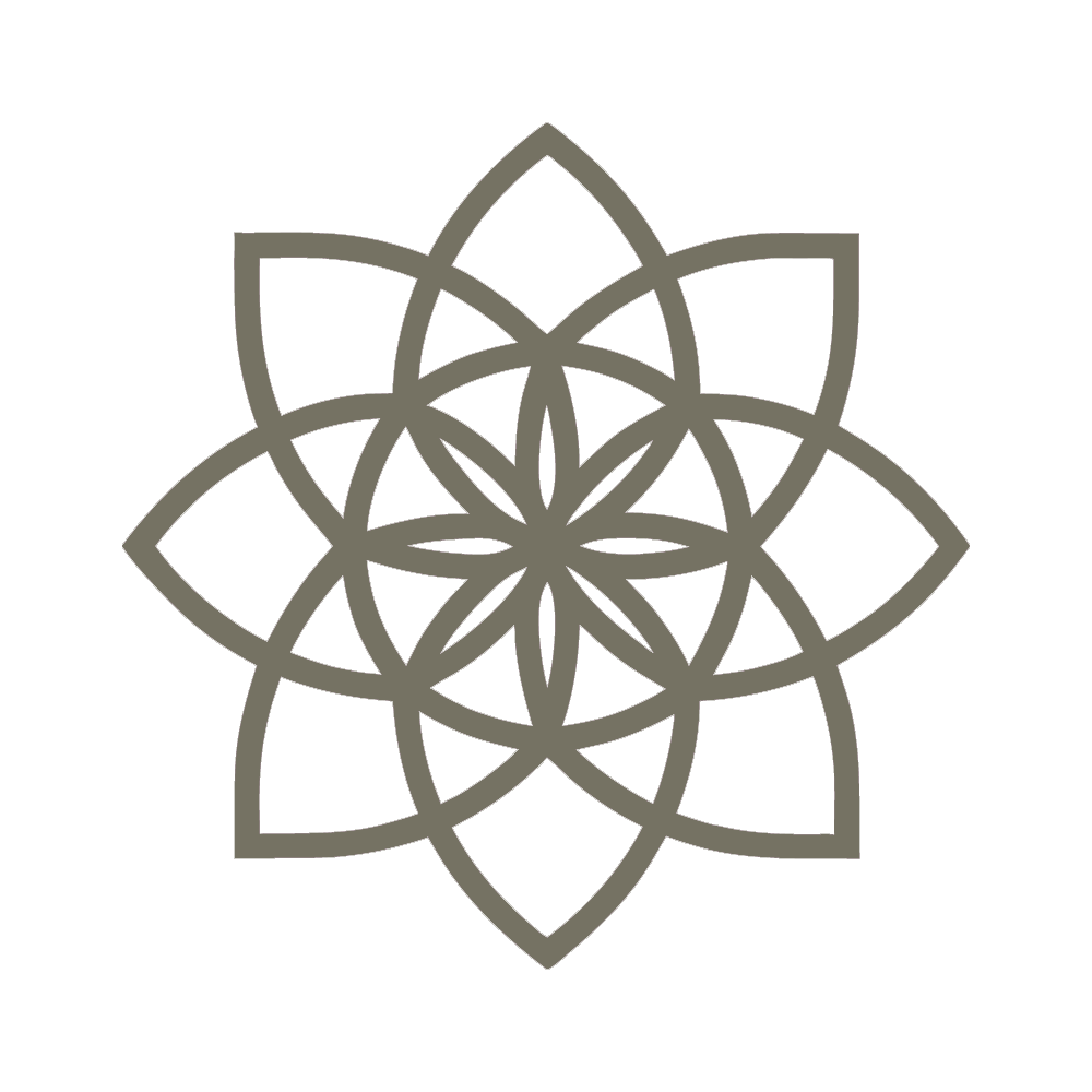 Simple geometric line art design resembling a blooming flower or mandala with overlapping petals and symmetrical pattern in gray.