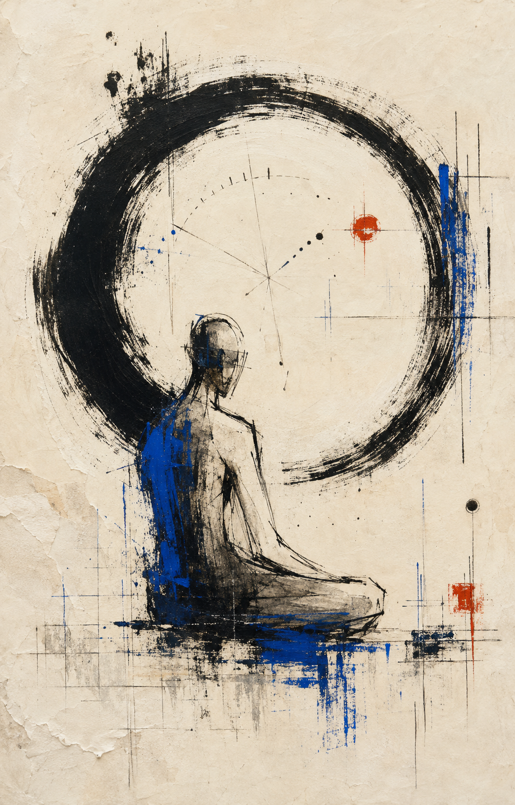 Abstract Zen meditation figure beneath a black enso circle with cobalt blue and vermilion accents.
