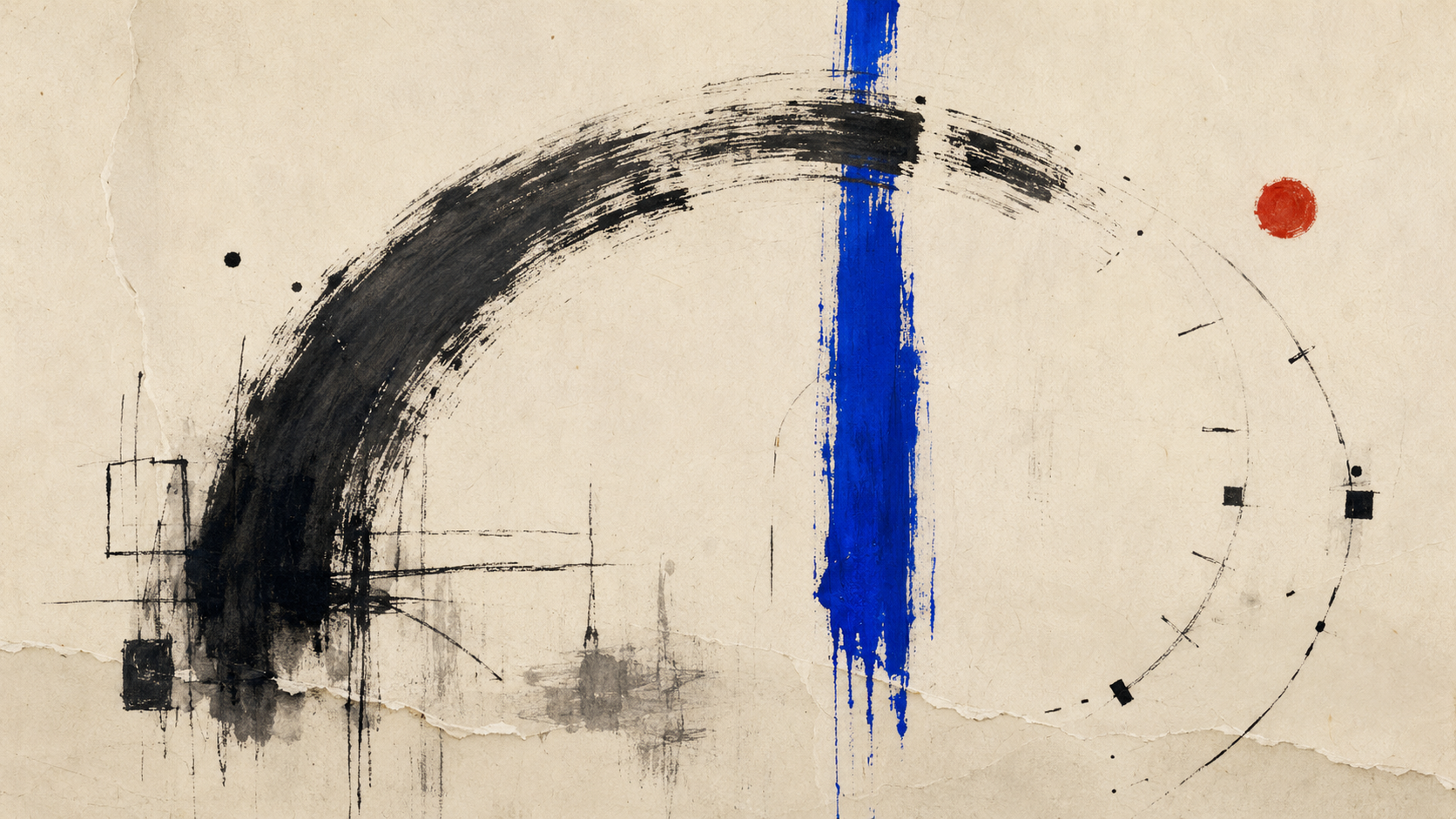 Abstract black enso arc intersected by a cobalt blue brushstroke and a small vermilion sun.