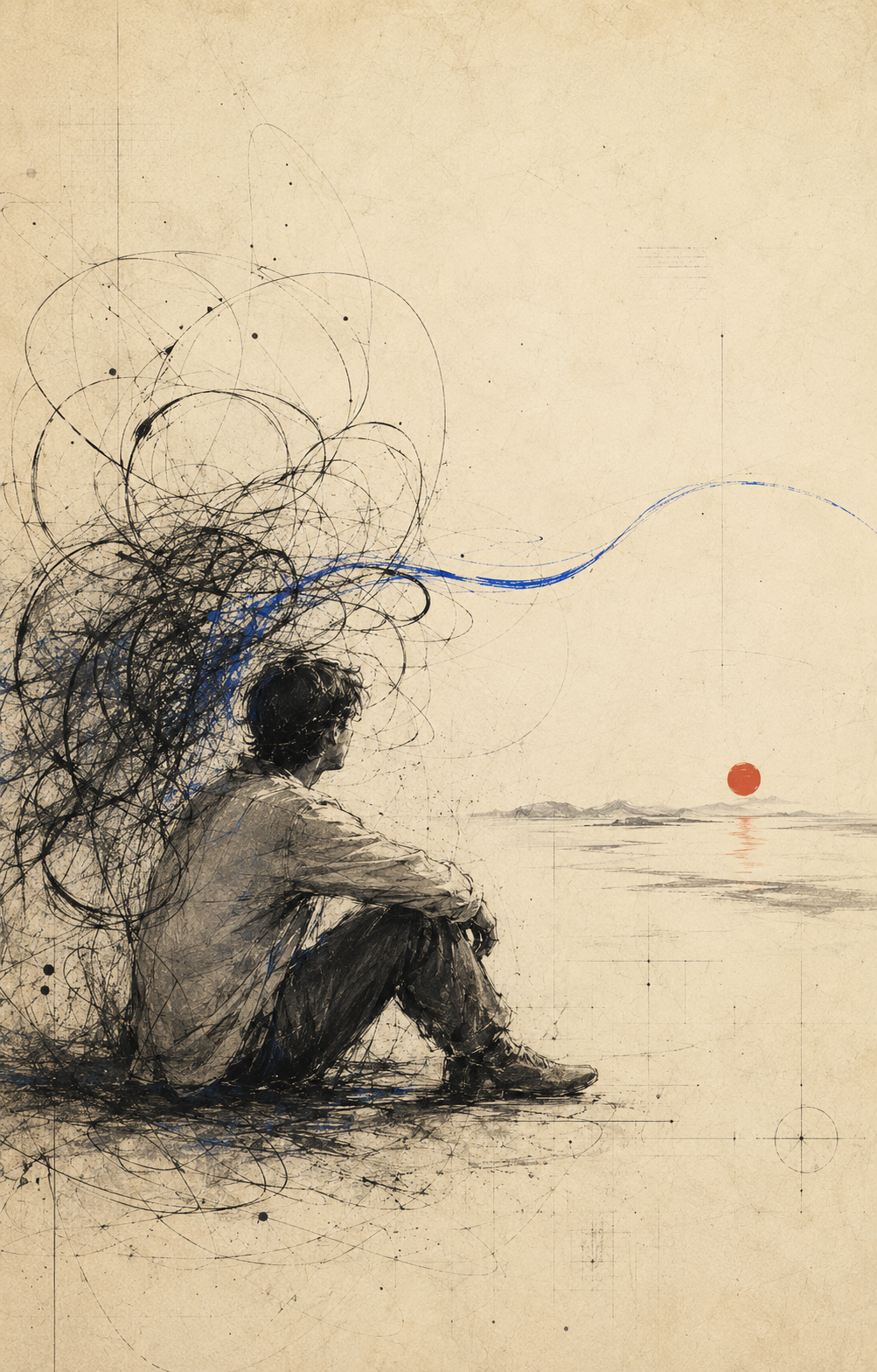 An introspective seated figure beside looping black ink marks, with a cobalt line leading toward a vermilion sun.