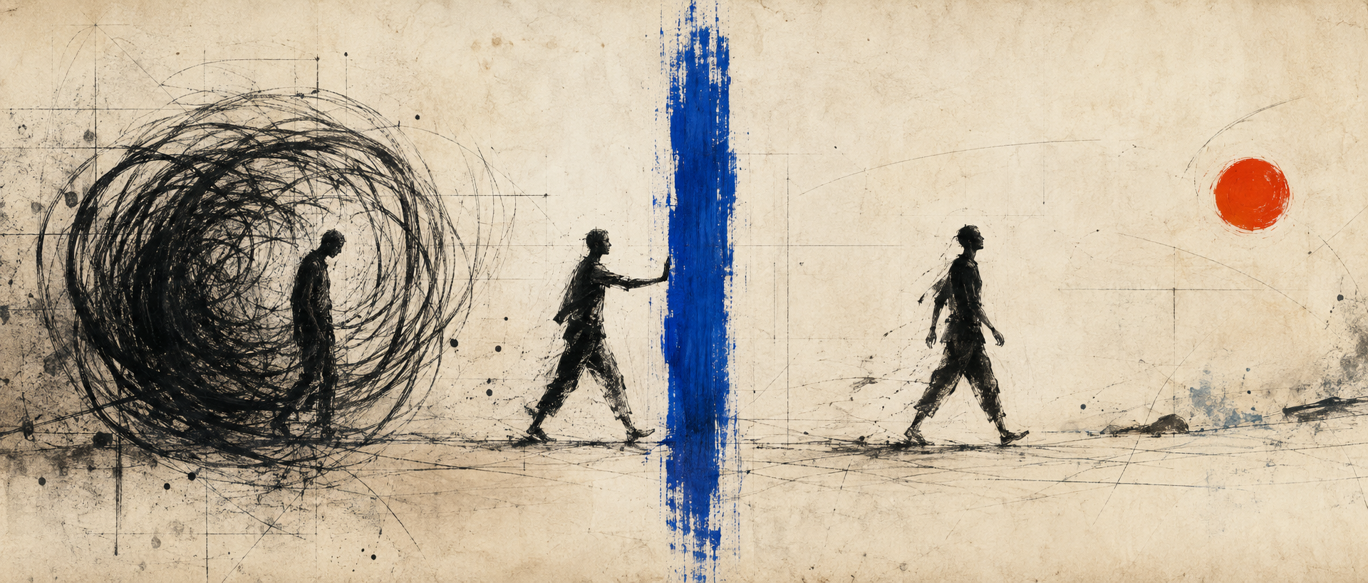Three figures move from a tangled black spiral across a cobalt line toward a vermilion sun, representing presence, clarity, and meaningful action.