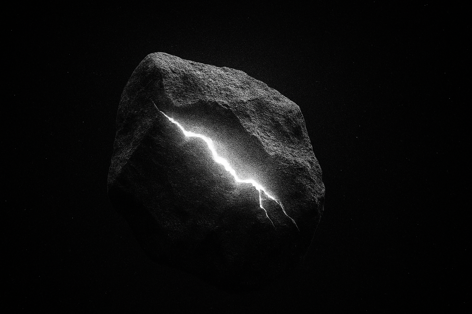 A dark, rocky asteroid with a bright, lightning-like crack running through it, set against a black space background with small stars.