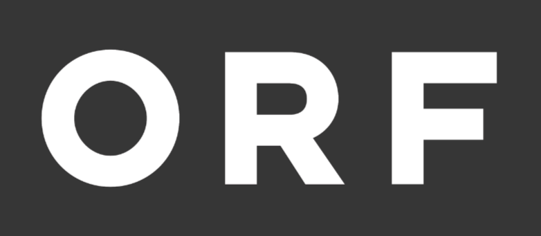 Close-up of the word 'ORF' in white capital letters on a dark background. This is an Austrian TV-Channel. 