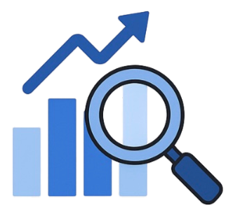 Bar chart and upward trending arrow with magnifying glass representing data analysis and growth
