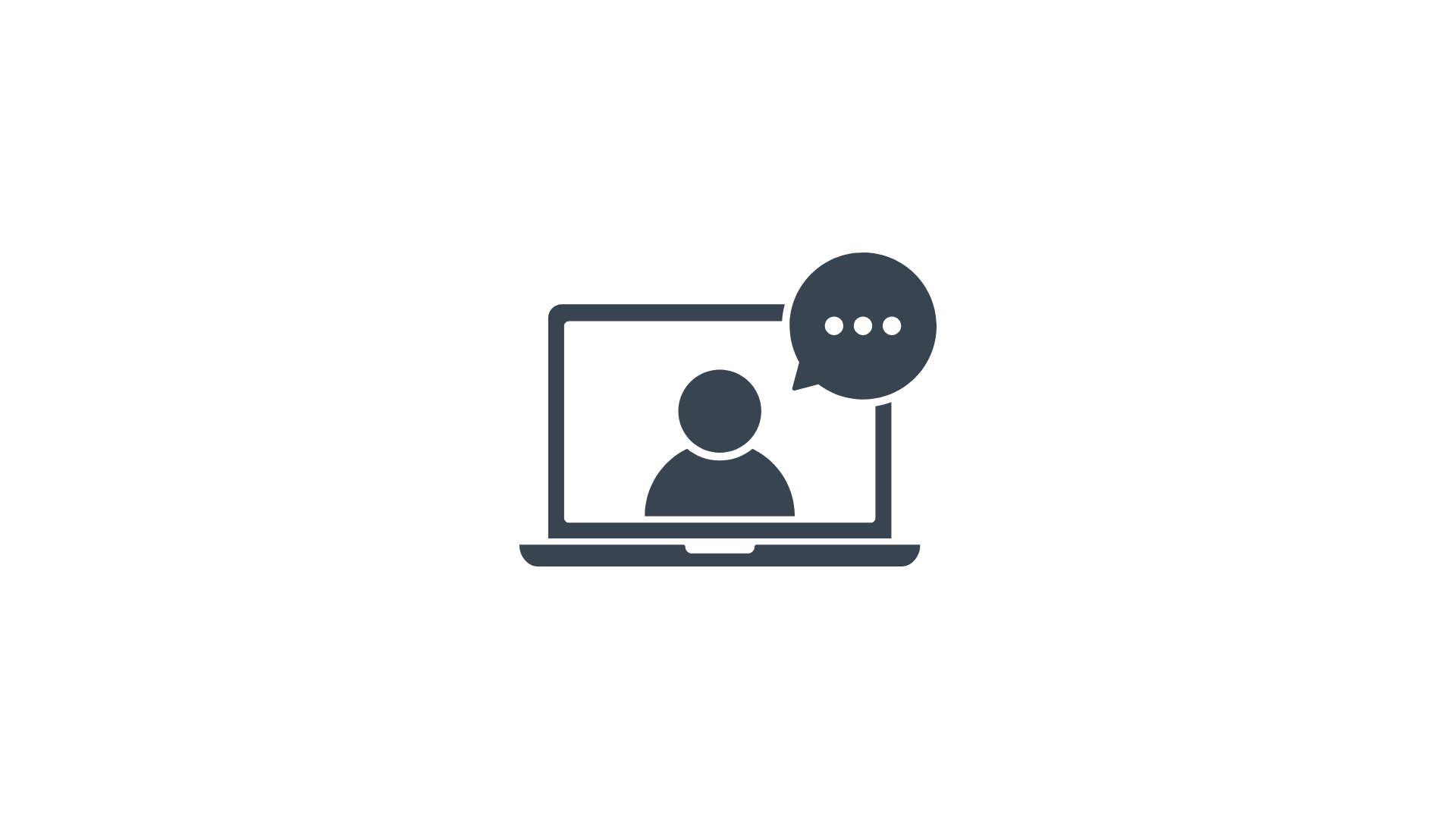 Graphic of a person on a laptop screen with a speech bubble, representing online communication or virtual chat.