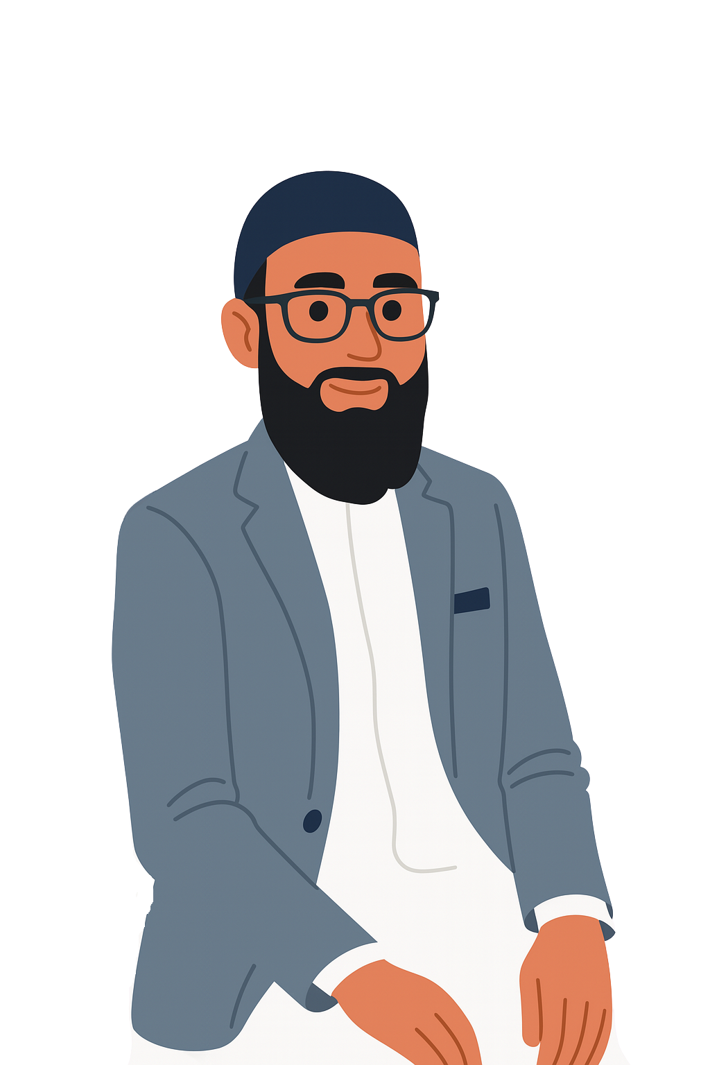 Illustration of a man with glasses, a beard, wearing a gray blazer and white shirt, sitting against a dark background with lines of red and purple.