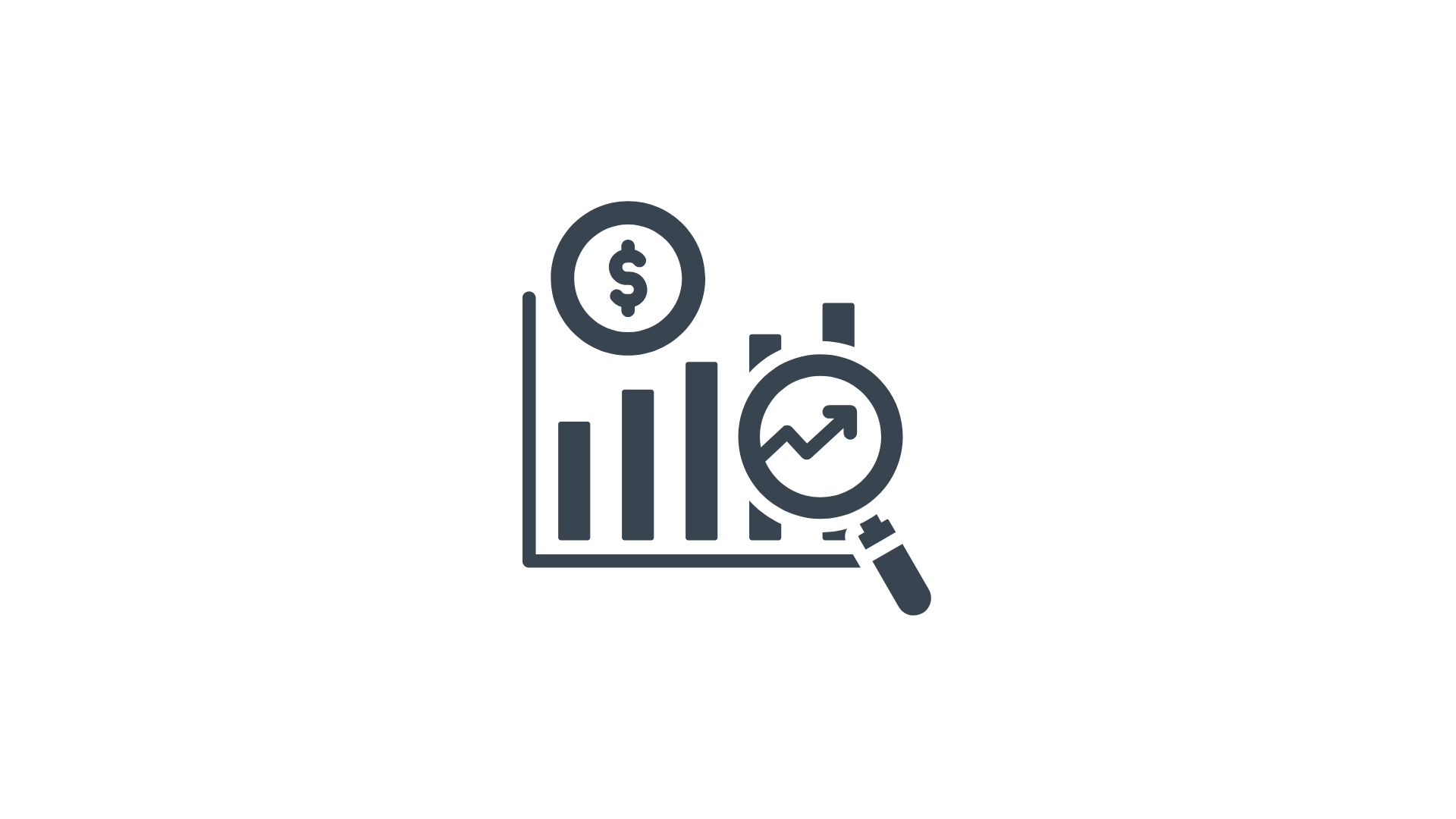 Line graph with upward trending arrow, magnifying glass, dollar coin, and bar chart icons indicating financial analysis and growth