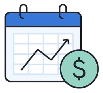A calendar with an upward trending graph and a dollar sign symbol.