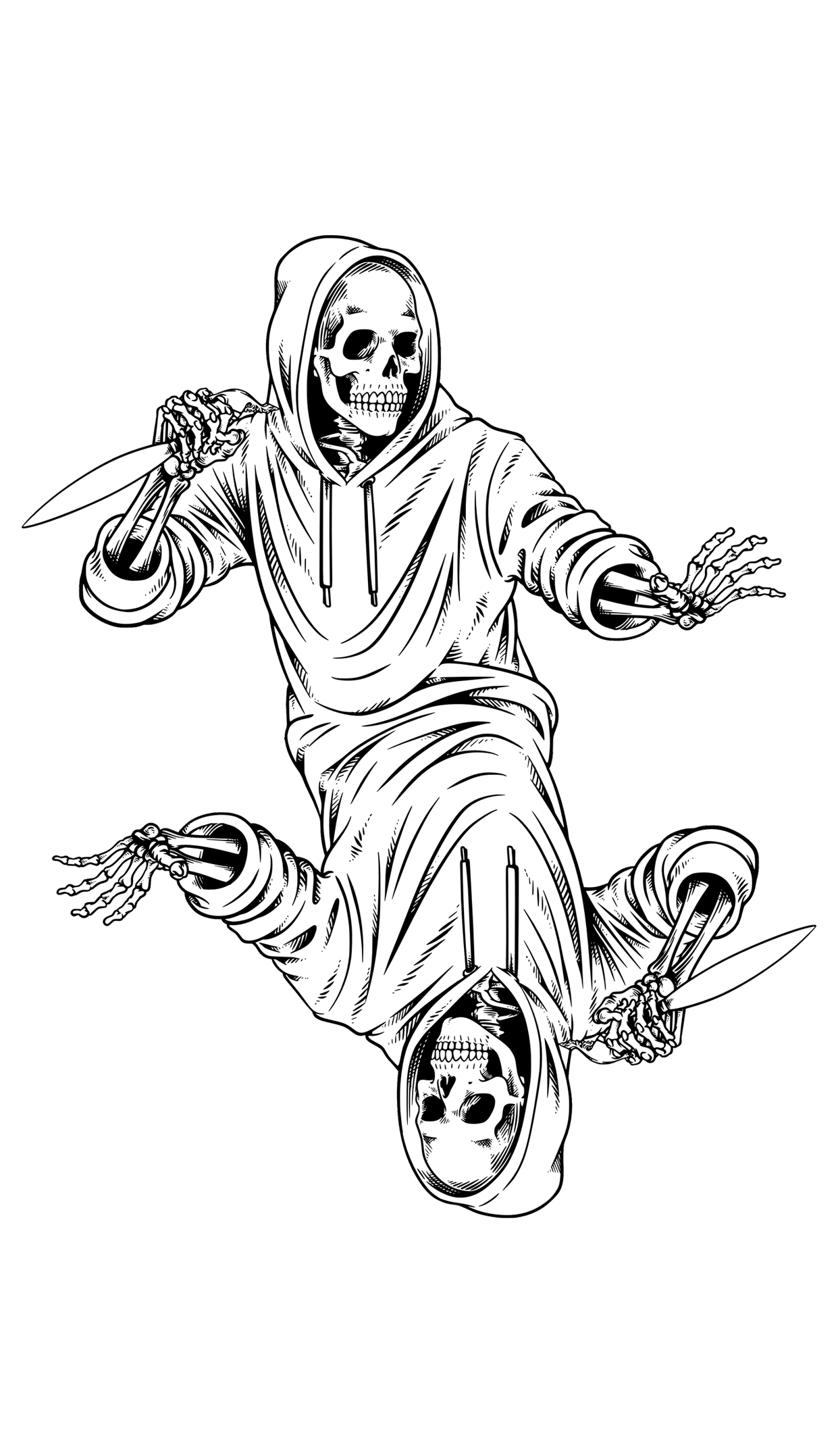 Schwarz-weiß Illustration eines Skeletts in einem Hoodie, das eine Waffe hält und in einer unheimlichen Haltung sitzt, auf schwarzem Hintergrund.