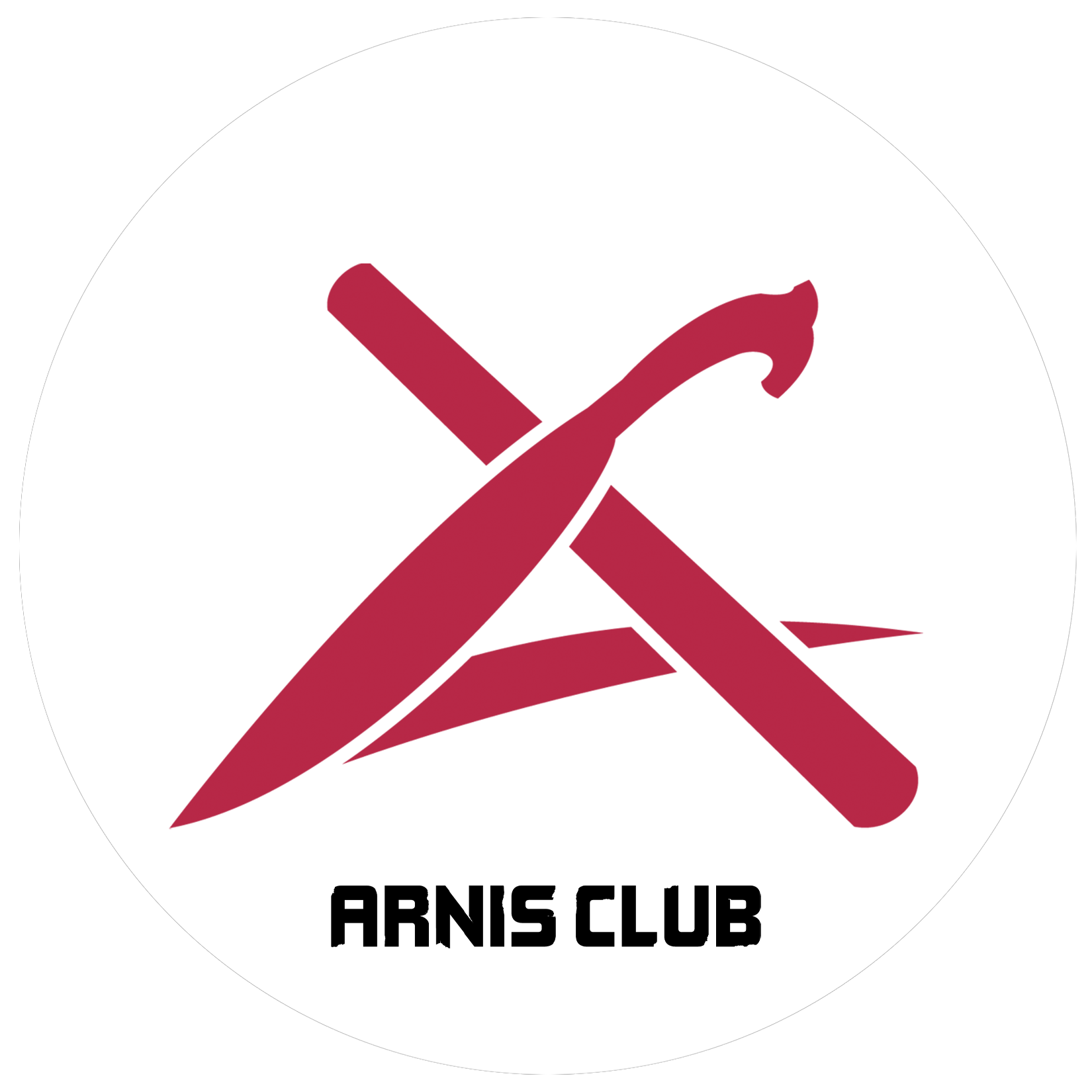 Logo des Arnis Clubs, bestehend aus einem Messer, einem Stock und einer Klinge, mit dem Text 'ARNIS CLUB' unterhalb.