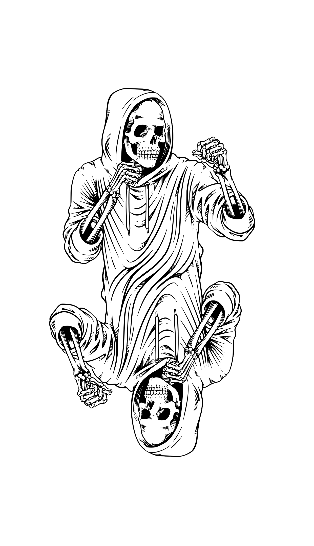 Schwarz-weiße Illustration eines Skeletts in einem Hoodie, das vor einer schwarzen Hintergrundkulisse sitzt, mit einer spiegelbildlichen Ansicht des Skeletts unterhalb.
