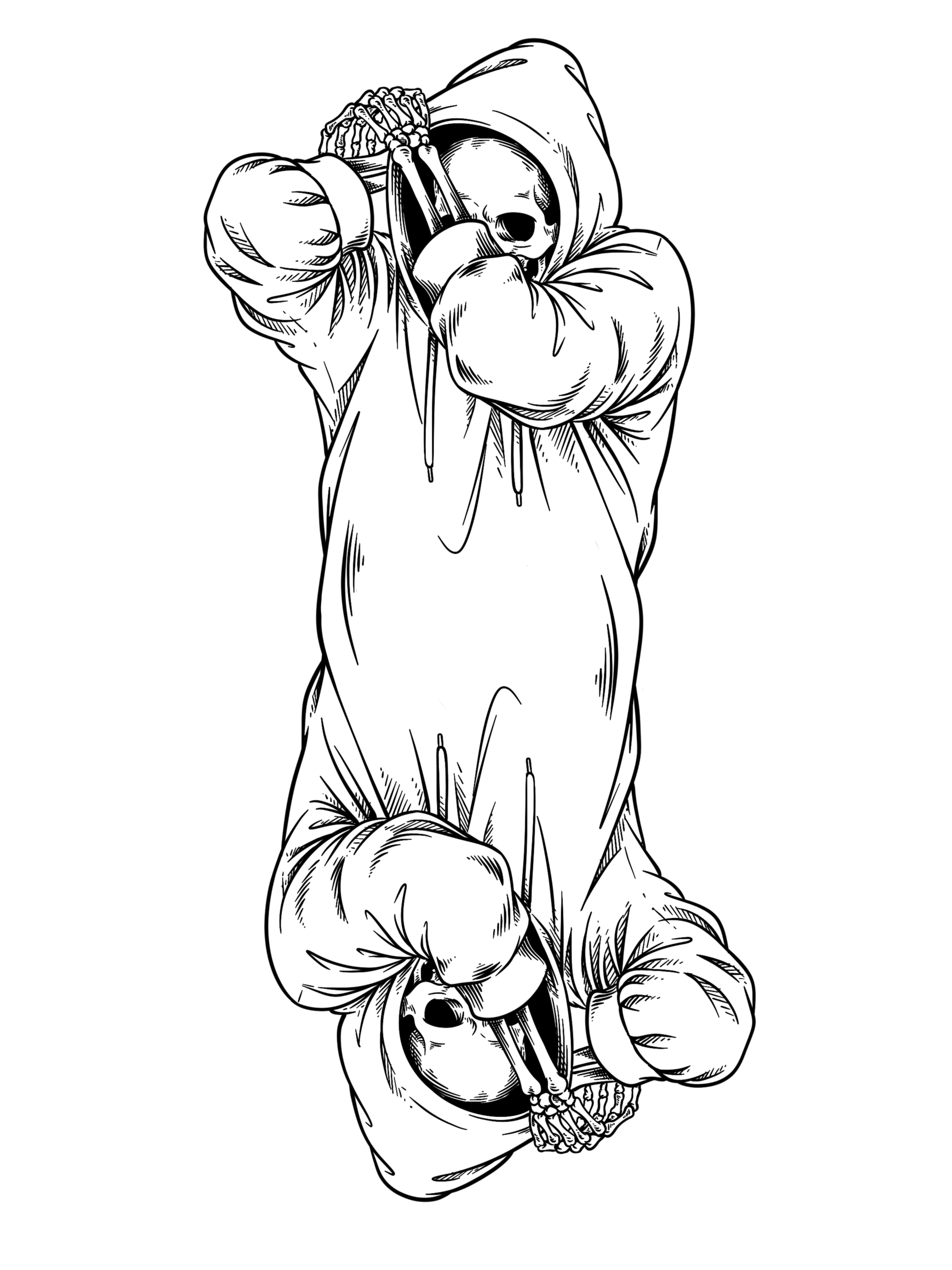 Schwarz-weiße Illustration eines Skeletts in einem Hoodie und Jogginghose, das mit verschränkten Armen in die Kamera blickt.
