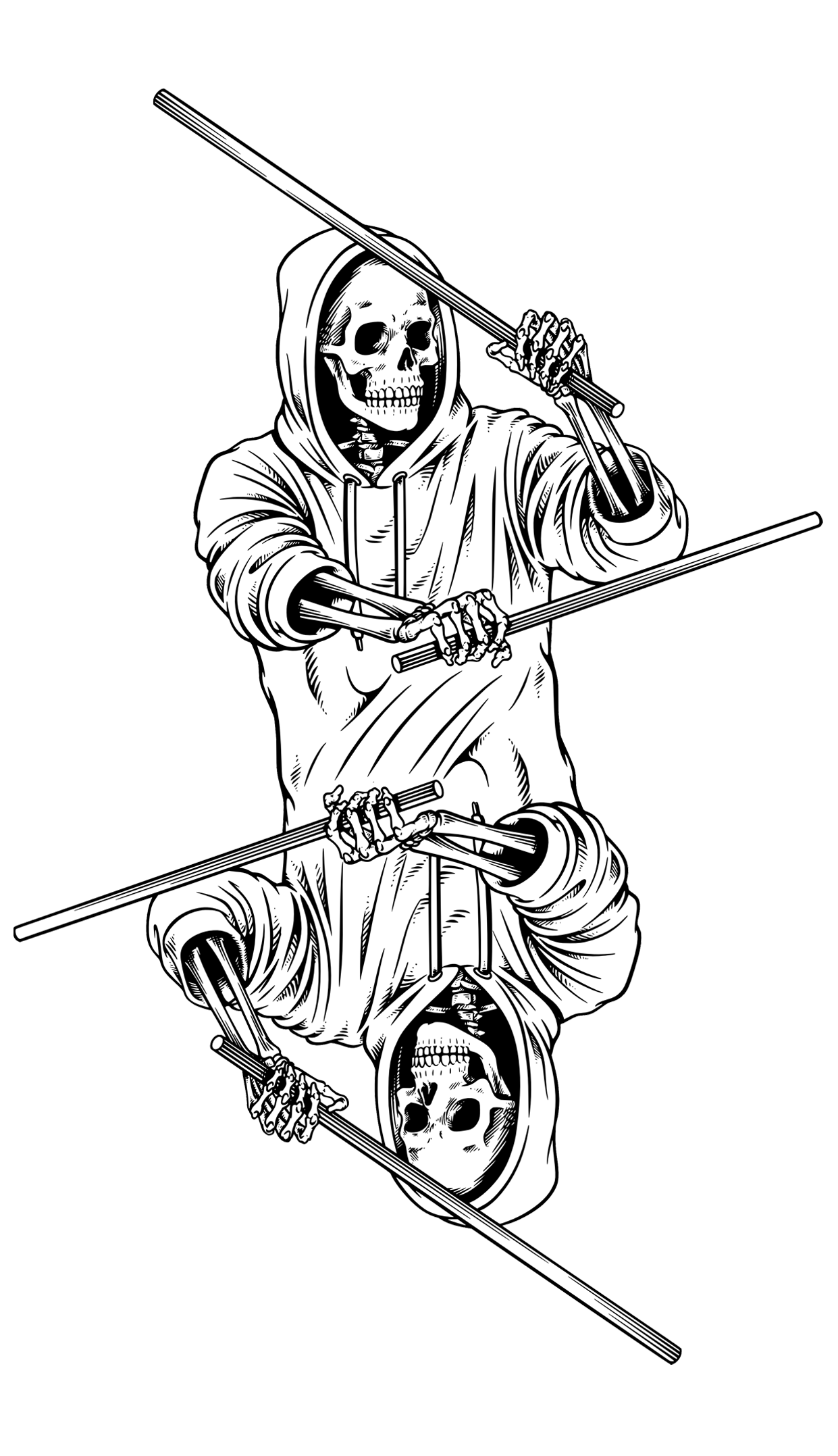 Schädel mit Skelett in Hoodie und Baggy-Hose, hält zwei Speere, im schwarzen Hintergrund, Schwarz-Weiß-Illustration, Spiegelbild
