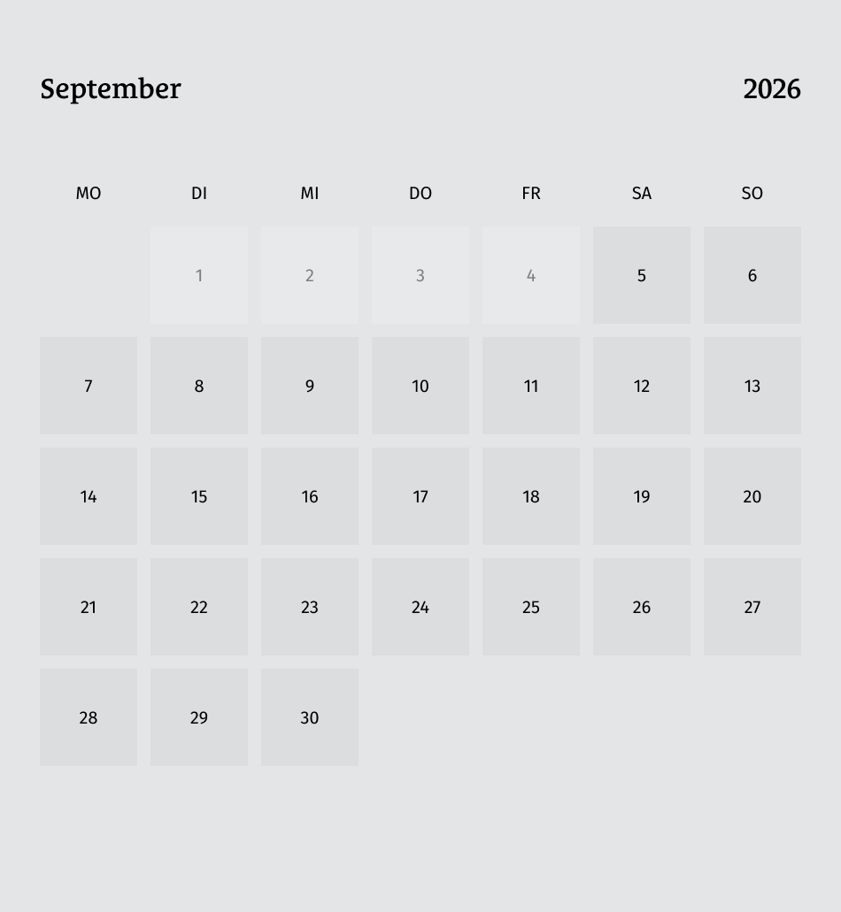 Kalender für September 2026 mit deutschen Wochentagen.