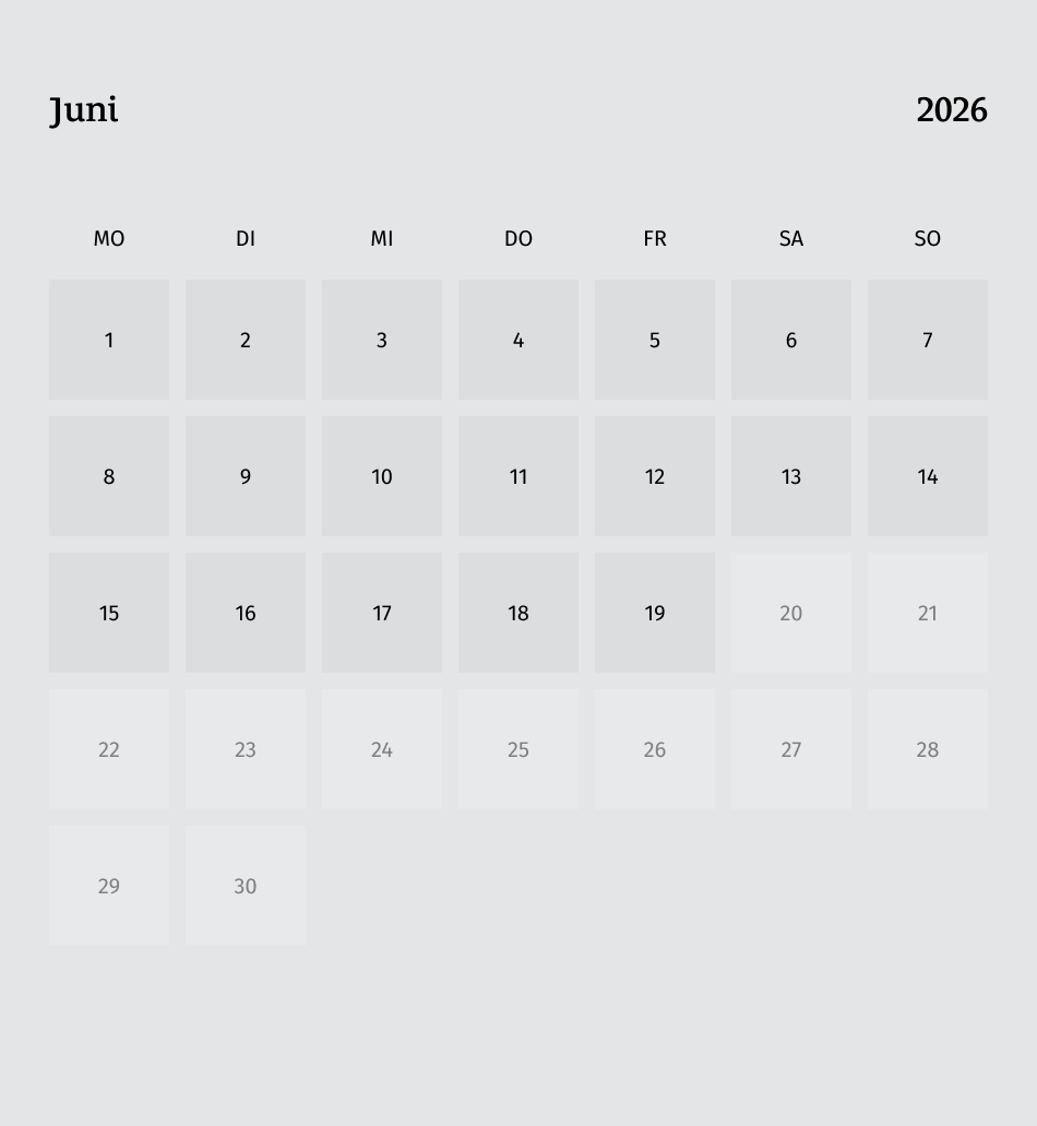 Juni 2026 Kalender im deutschen Layout mit Wochentagen und Daten.