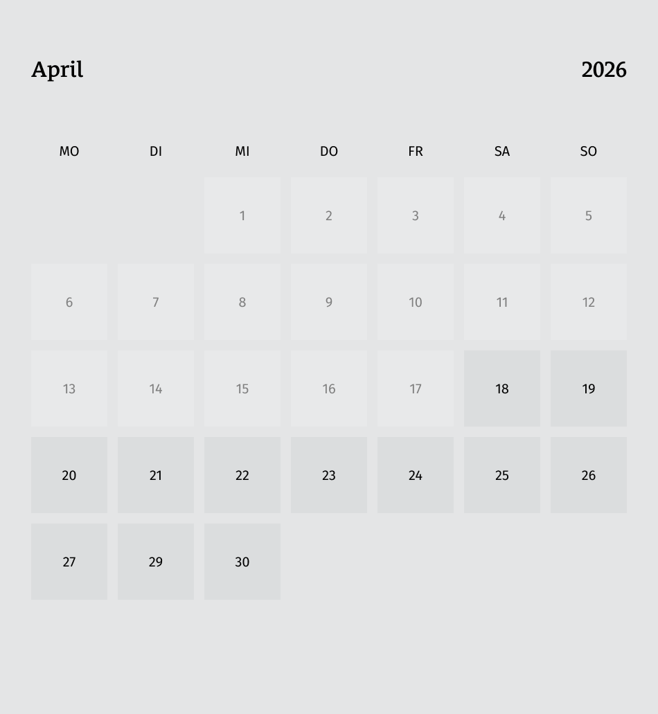 Kalender für April 2026 mit hellem grauem Hintergrund, Wochenbeginn Montag, letzte Woche endet am 30. April.