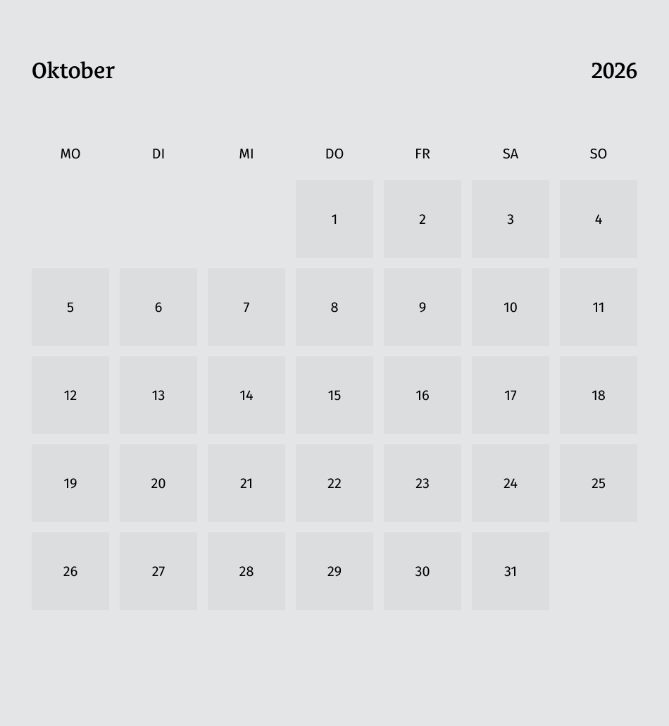 Kalenderblatt für Oktober 2026 mit Wochentagen und Datum, in deutscher Sprache