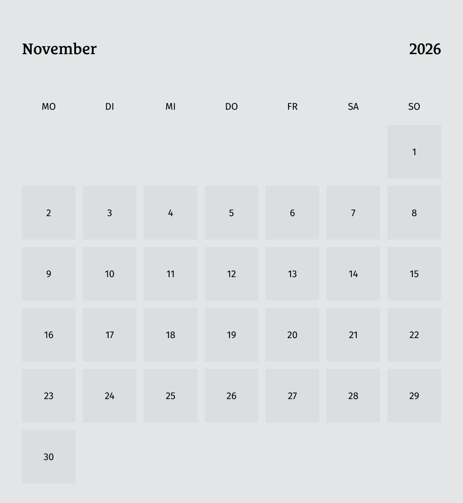 Kalendermonat November 2026, deutscher Monatskalender mit Wochentagen von Montag bis Sonntag, Wochenzahlen nicht markiert.