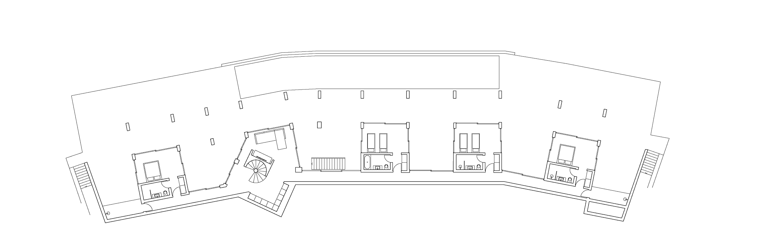Ein technischer Grundriss eines mehrstöckigen Gebäudes mit mehreren Zimmern und Treppen