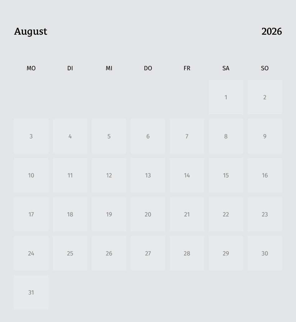 Kalender für den Monat August 2026 mit Wochentagen von Montag bis Sonntag, Daten im Gitter-Layout.