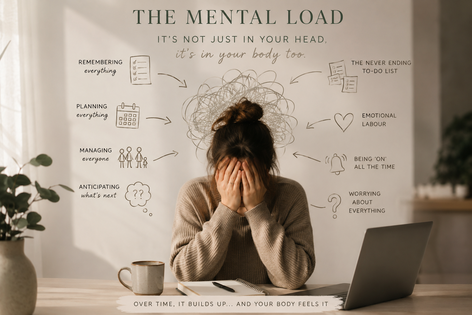 The Mental Load: illustration showing how stress, responsibility and emotional overwhelm can contribute to physical tension, fatigue and poor wellbeing.