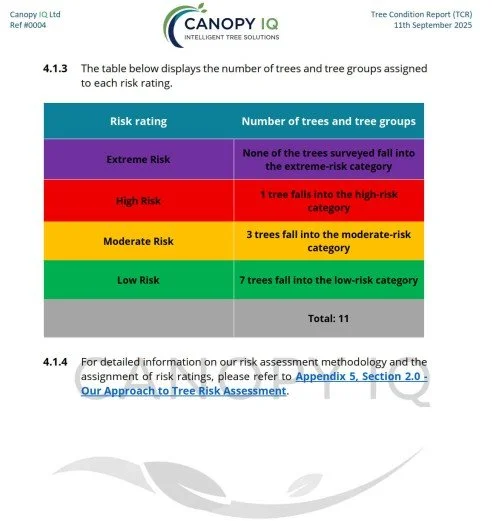 Colour-coded tree risk rating table