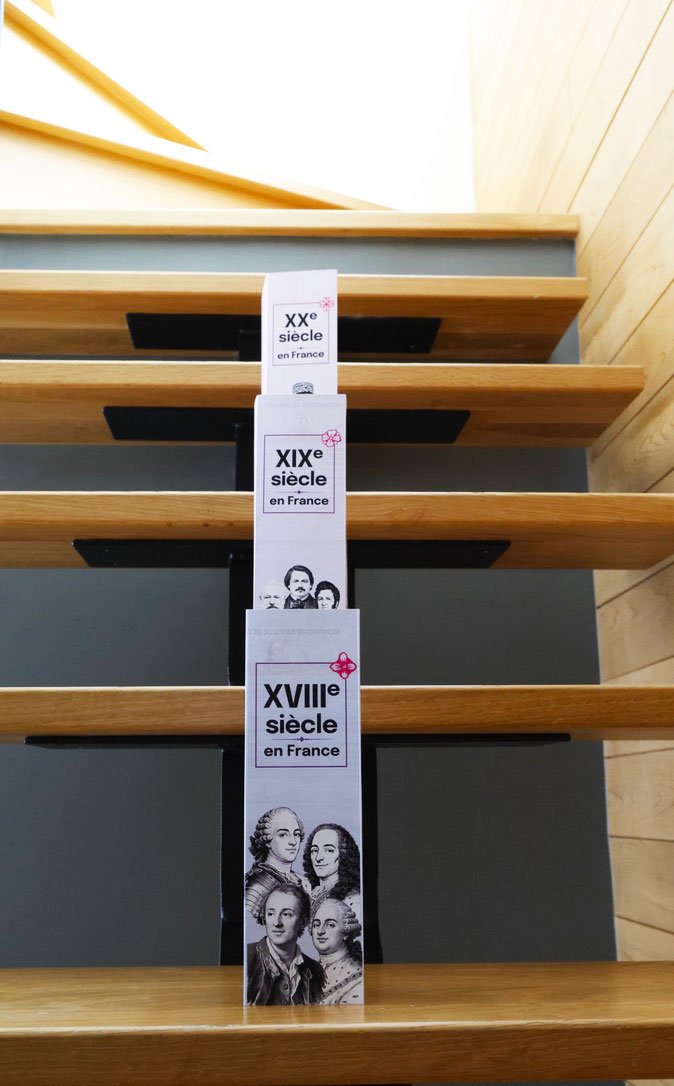 Pack de 3 frises chronologiques papier 18e, 19e et 20e siècles, couvertures visibles, posées sur des escaliers