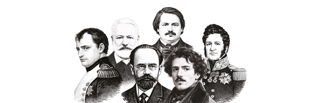 images composées d'auteurs et hommes politiques du 19e siecle : Hugo, Zola, Balzac, Napoleon 1er, Courbet