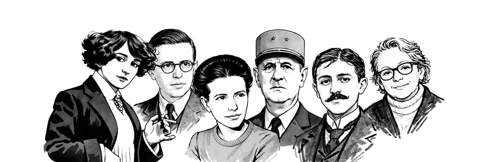 image composée de visages représentant des écrivains, artistes et homme politique du 20e siecle : colette, Sartre, Proust, Simone de Beauvoir et Duras