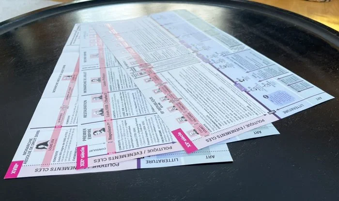 Trois frises chronologiques papier 18e, 19e et 20e siècles ouvertes, montrant l’intérieur illustré et la progression de l’histoire, littérature et art