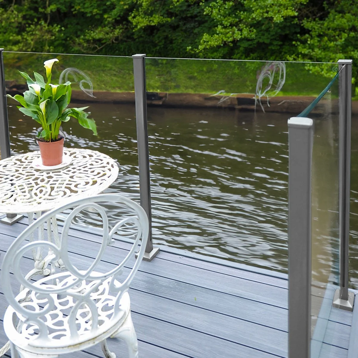 Aluminium Square post silver fitted to decking