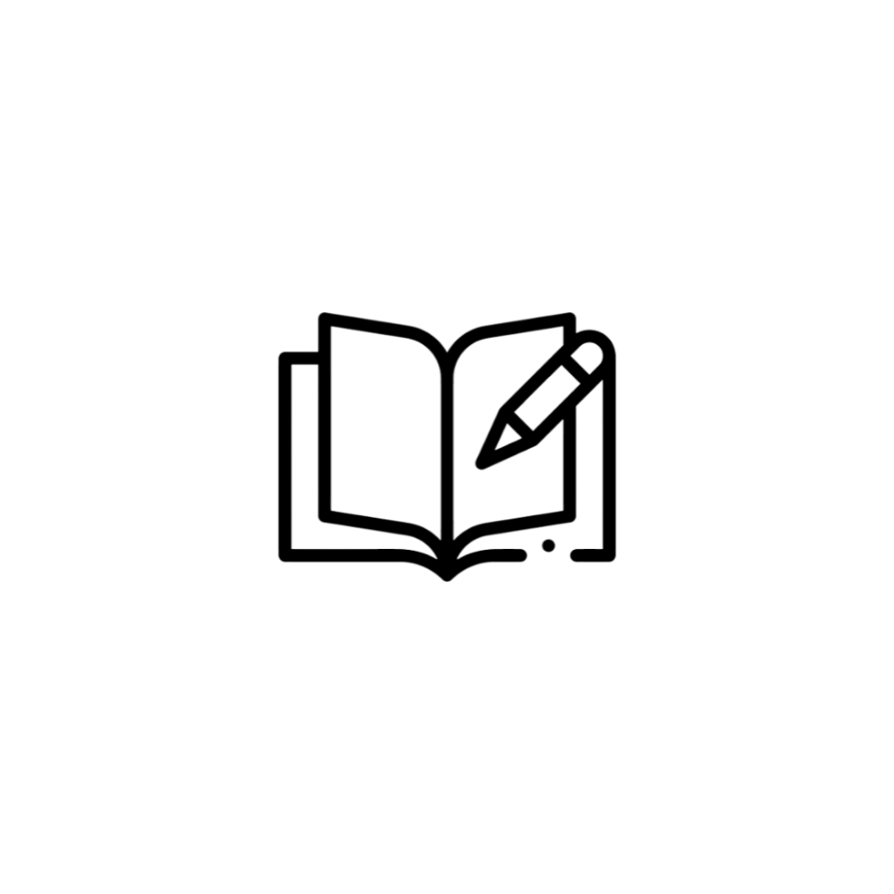 Outline of an open book with a pencil on a black background.